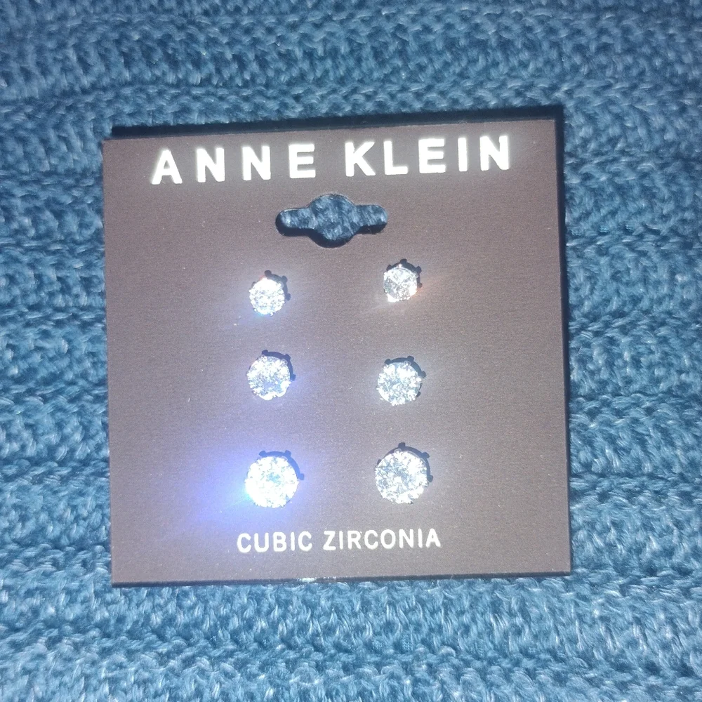 Anne Klein Silver Cubic Zirconia Stud Earrings Gift Set 3 Pairs NWT - Picture 2 of 6